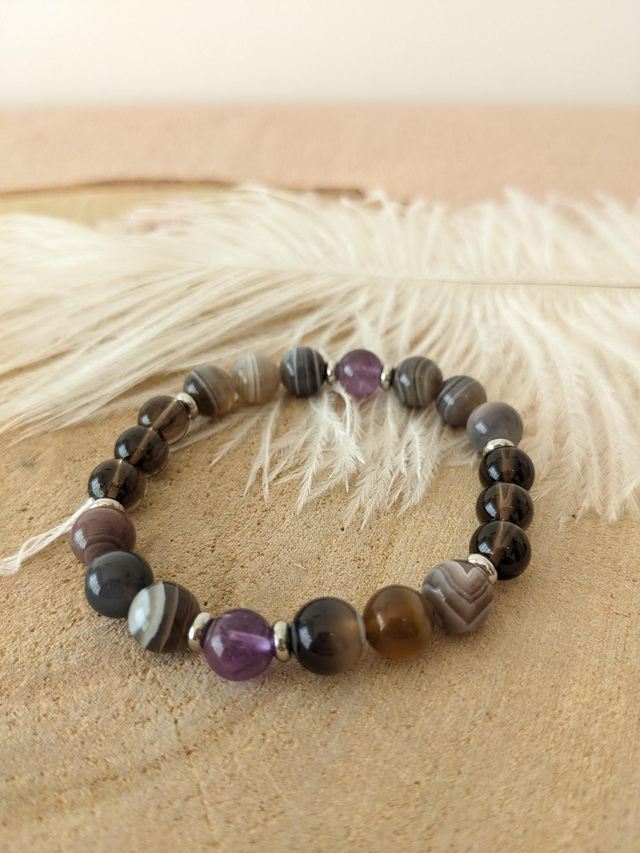 Bracelet Quartz Fumé, Améthyste et Agate du Botswana 