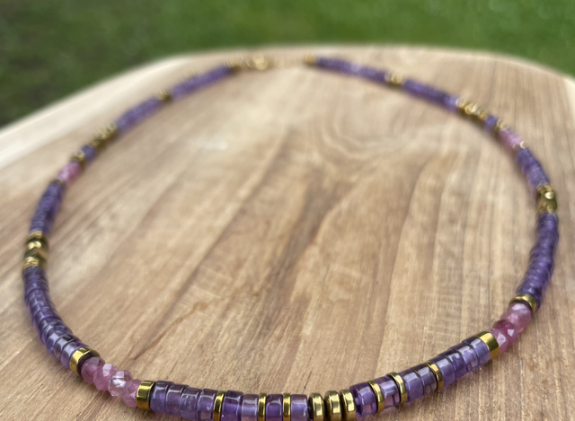 Collier Heishi AMETHYSTE / TOURMALINE ROSE