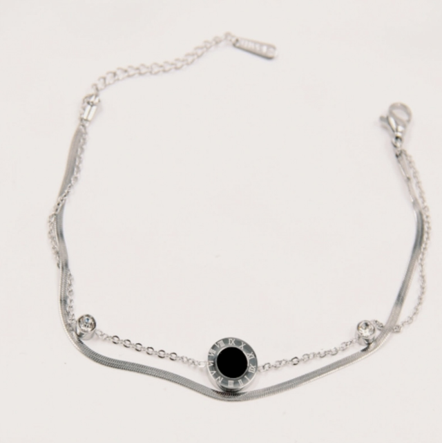 Bracelet argenté double chaîne cercle noir