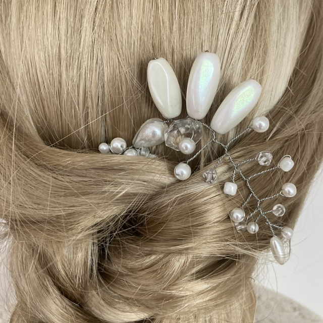 Cream Floral Spray Style Hand Wired Hair Comb Beaded with Faux Pearl, Clear Crystals  & Beads, for Brides, Bridesmaids, Prom in Silver tones