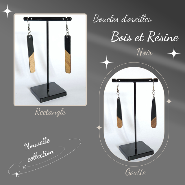 Boucles d&#039;oreilles NOIR en Bois &amp; Résine