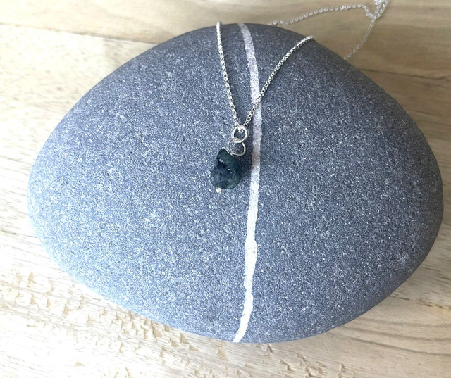 May - Emerald birthstone necklace - raw & threaded with sterling silver