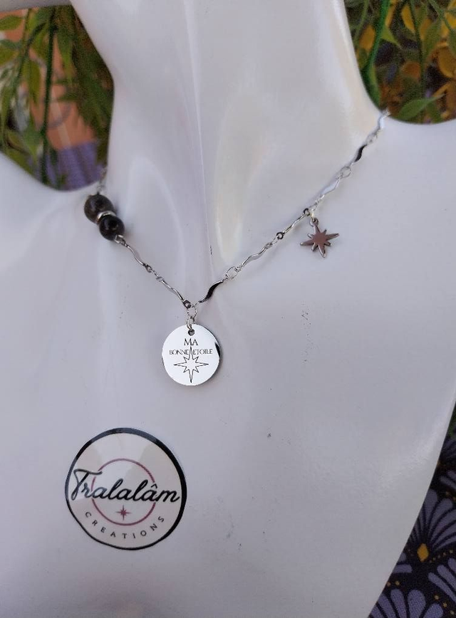 ✨Collier argenté MA BONNE ETOILE perles noires obsidienne✨