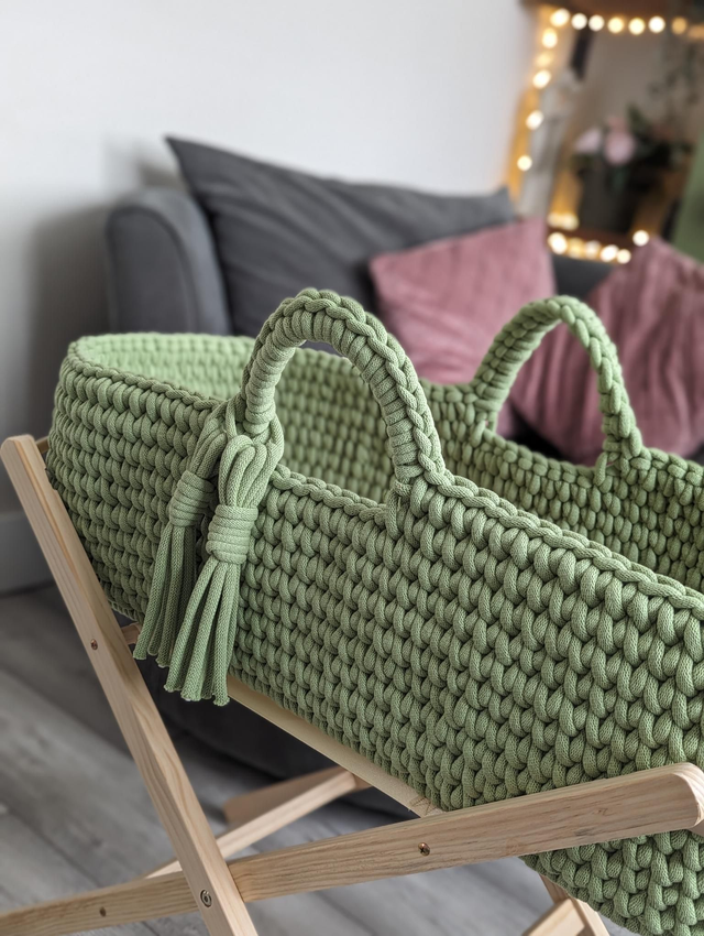 Handmade Crochet Moses Basket Made To Order (77cm x 30cm x 33cm approx) Not Including Stand or Mattress