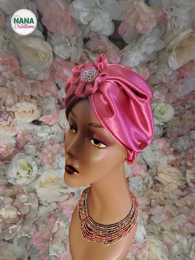 Turban Bonnet Satin à enfiler | Fuschia | Fait main