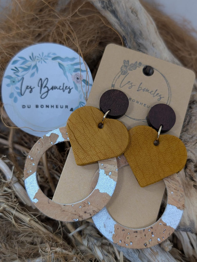 Boucles d'oreilles Coeur ❤️  liège marron ocre c2009