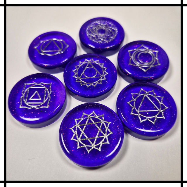 Handmade Resin Chakra Stone Set – 7 Chakra Symbols - Cosmic Purple | Decorative Spiritual & Mindfulness Décor - CSS-003