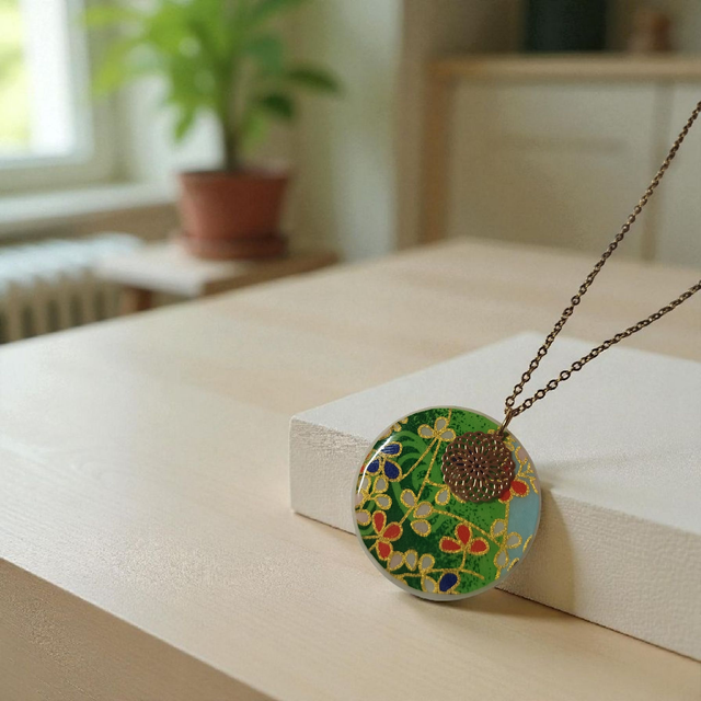 Collier acier inoxydable motifs japonais vert