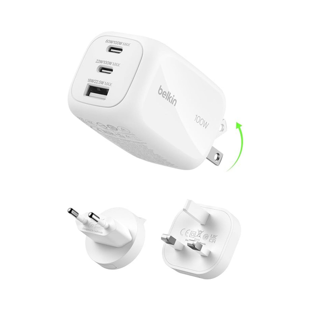 BELKIN Caricatore da Parete GaN 3 Porte 70W Con Adattatori da Viaggio (Bianco)