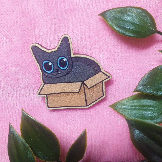 Box Cat Wooden Pin Badge