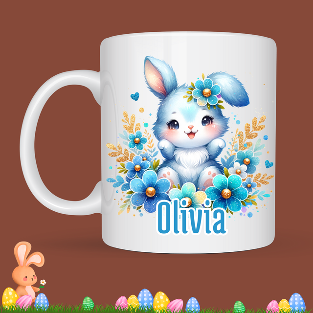 Mug de Pâques "Lapin bleu", prénom au choix 