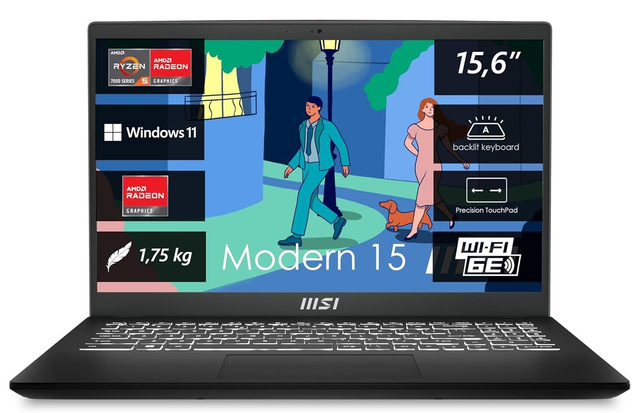 MSI Modern 15 Lifestyle & Business Laptop, 15,6 Zoll Full HD Display, AMD Ryzen 5 7530U Prozessor, 16 GB DDR4 RAM, 512GB SSD, AMD Radeon Graphics,W11