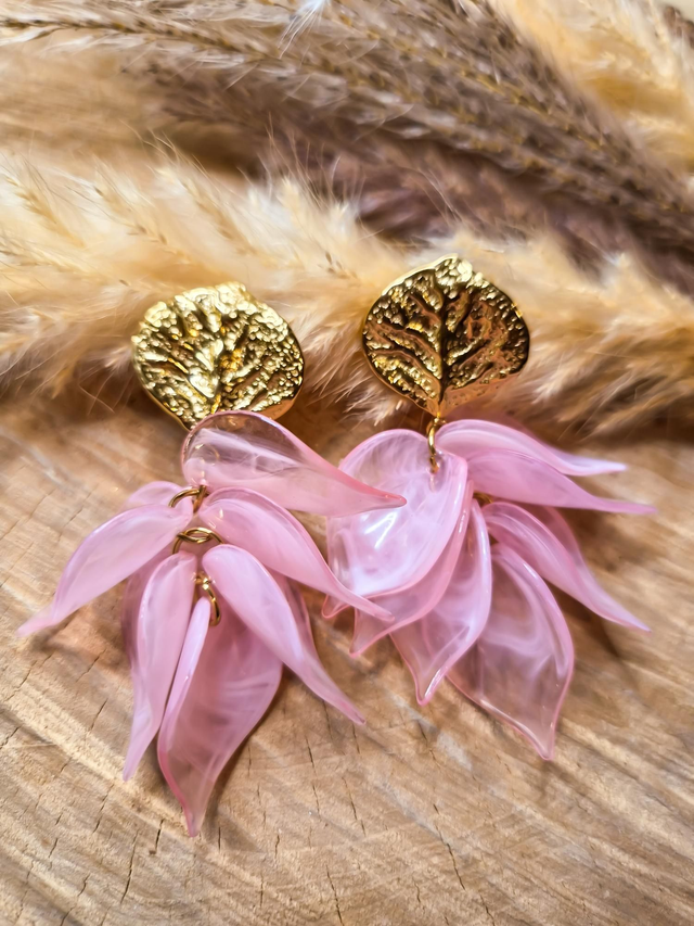 Boucles d'oreilles "Cascades de feuilles" - Modèle doré et rose