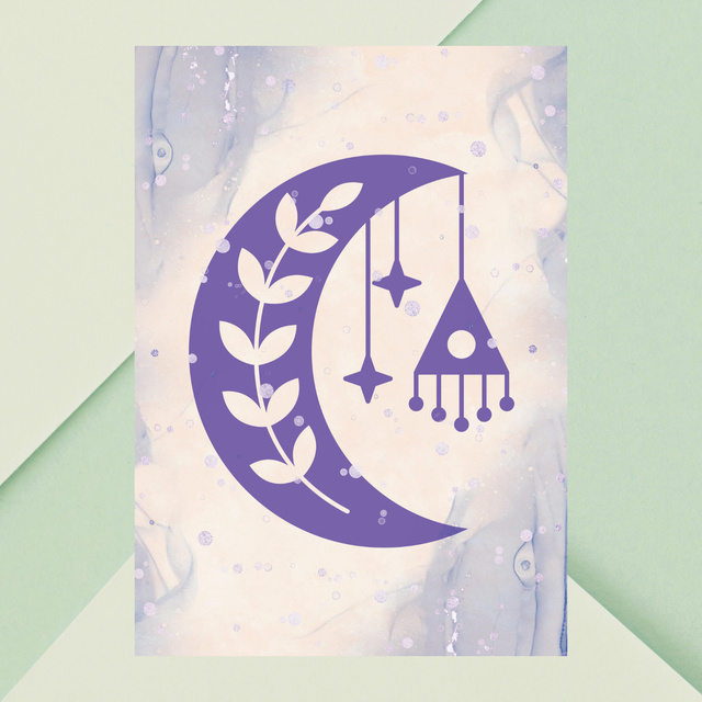 Affiche Murale Rêves Lunaires Bohème / Lunar Dreams Boho Wall Art – Crescent Moon with Leaf and Star Accents