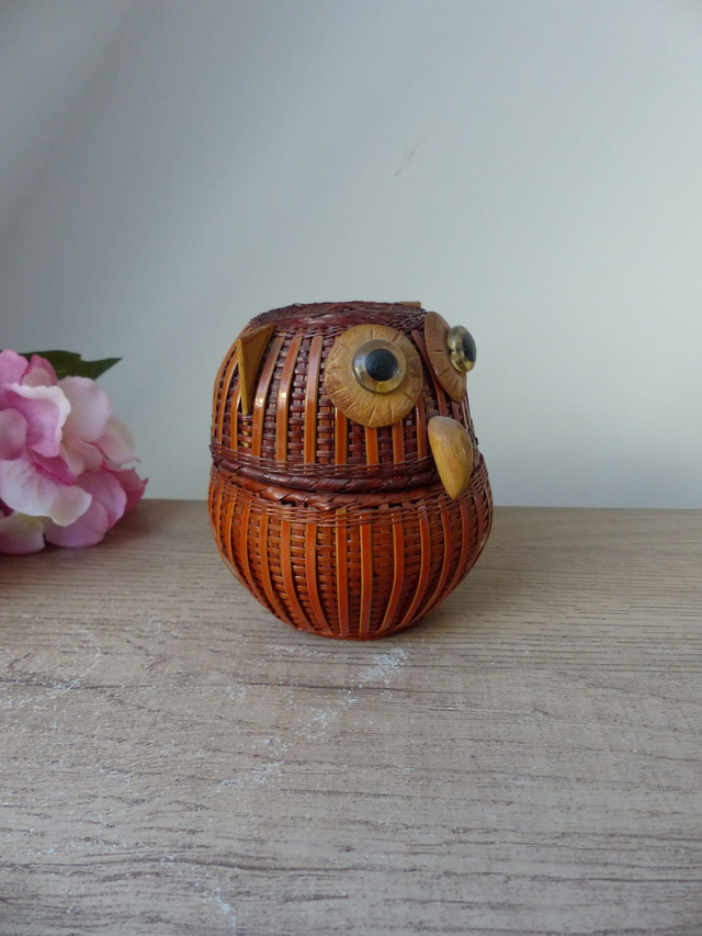 Boîte Chouette en Osier et Rotin – Artisanat Fait Main Vintage 1970 | Déco Chambre & Boîte à Secrets