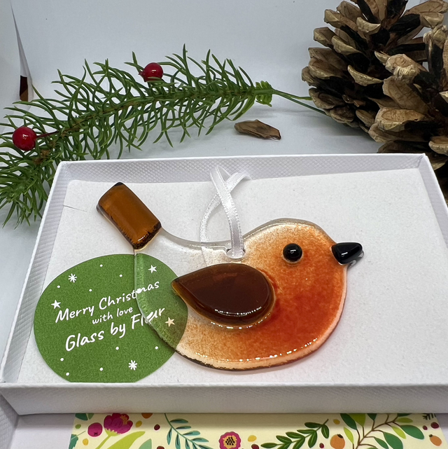 New Design - Handcrafted Fused Glass Hanging Robin