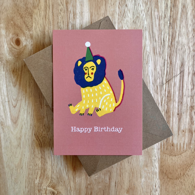 Lion Birthday Postcard – Illustrated Circus Lion with Party Hat – Kids’ Birthday Card (A6 with Envelope)