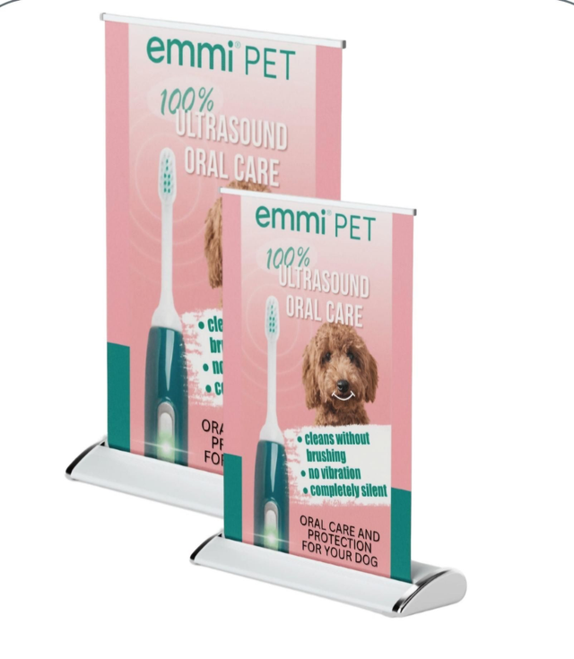 A4 Desk Top Rollup Marketing Banner. emmi-pet with Poodlemix/Pink Design