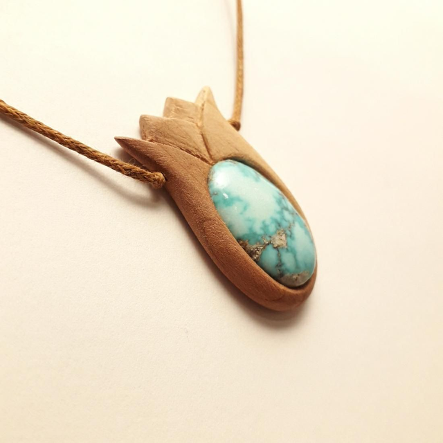 High Grade Turquoise With Hand Carved Oregon Cedar Wood 