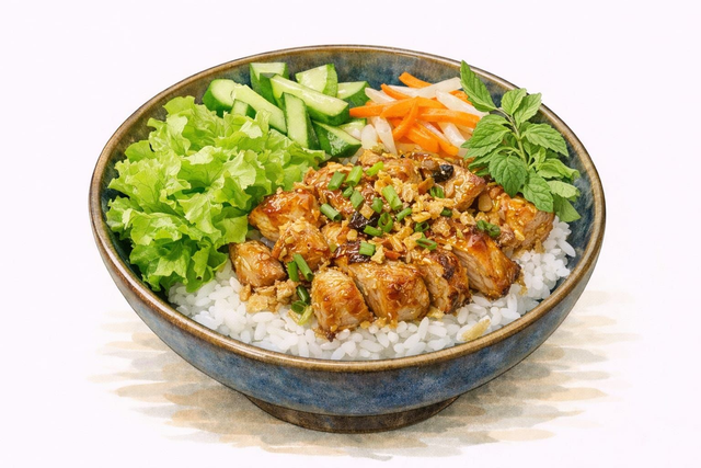 Cơm Hoi An – Riz gourmand au poulet fermier grillé à la citronnelle