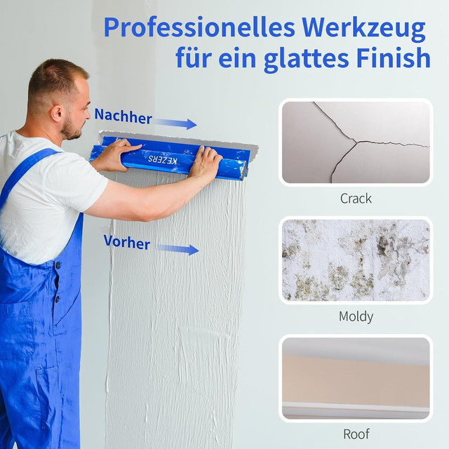 KEZERS Flächenspachtel-Set – 4 Spachtel mit Teleskopstange & Koffer