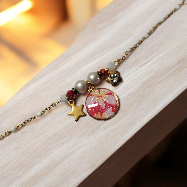 bracelet acier inoxydable motifs japonais rose fuchsia