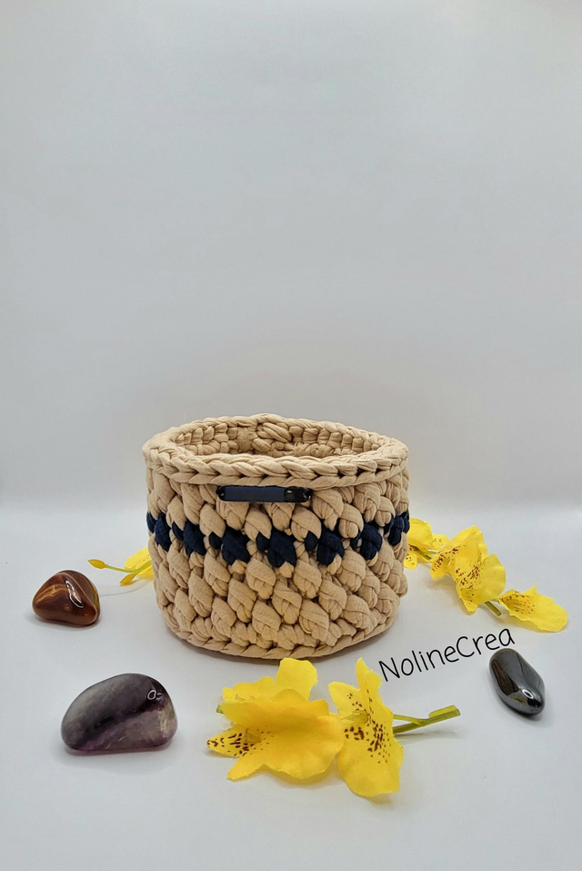 Pot au crochet beige, Boite beige, Panier beige et bleu au crochet