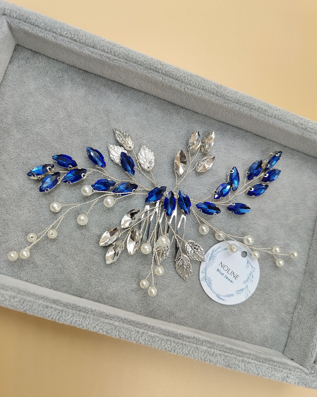 Peigne de cheveux argenté, strass bleu royale et transparent, peigne de cheveux de mariée, accessoire de coiffure