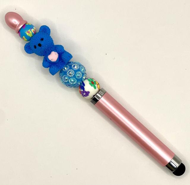 S79 - Stylo à perles ours cœur bleu 