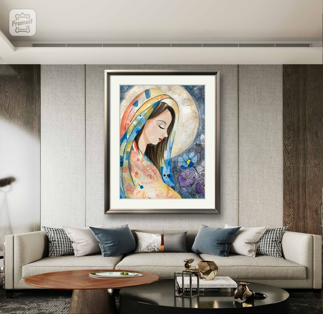 Pintura en acuarela &quot;virgen a la luz de la luna&quot;