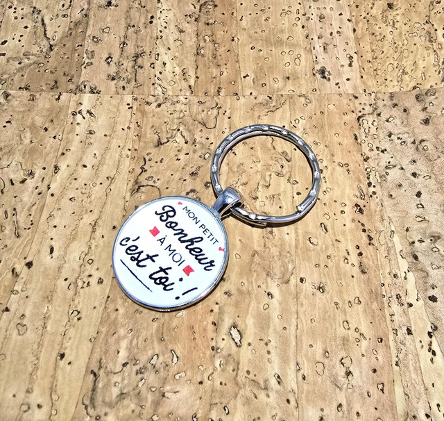 Porte-clès "Bonheur" cabochon en verre 