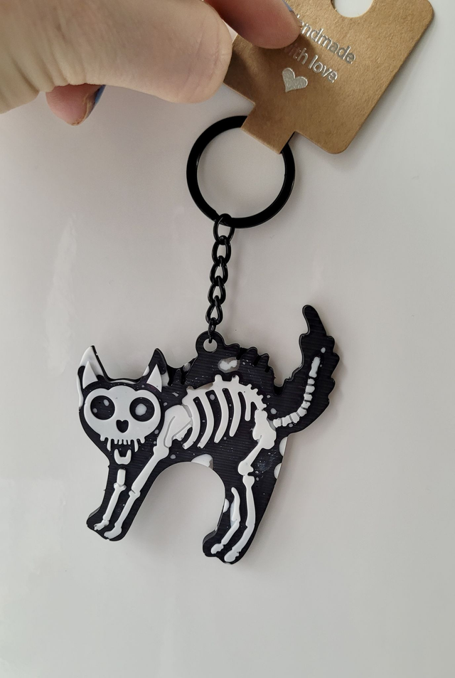 Black &amp; White Glitter Skeleton Cat Keychain - Hellcat Keyring (1)