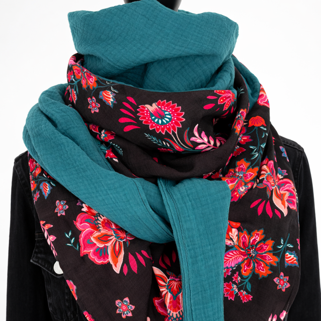 Foulard triangle — Noir Floral & Bleu Canard