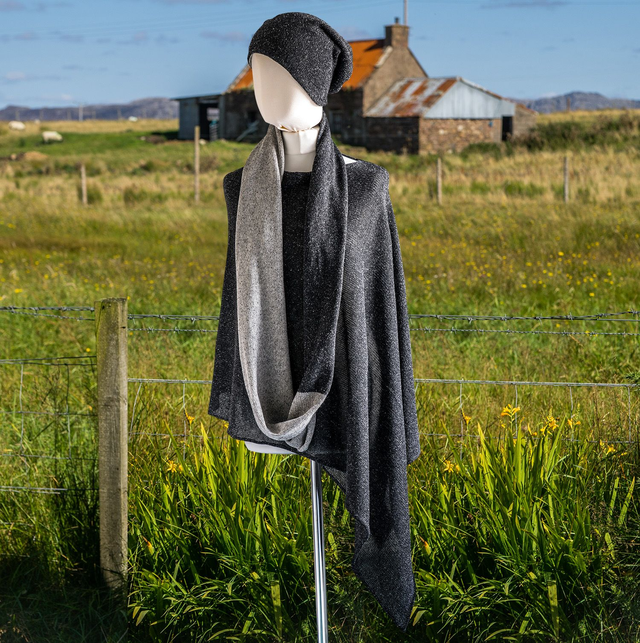 Highland Merino Silk Infinity Scarf Black and Silver Tweed. Scarves. 