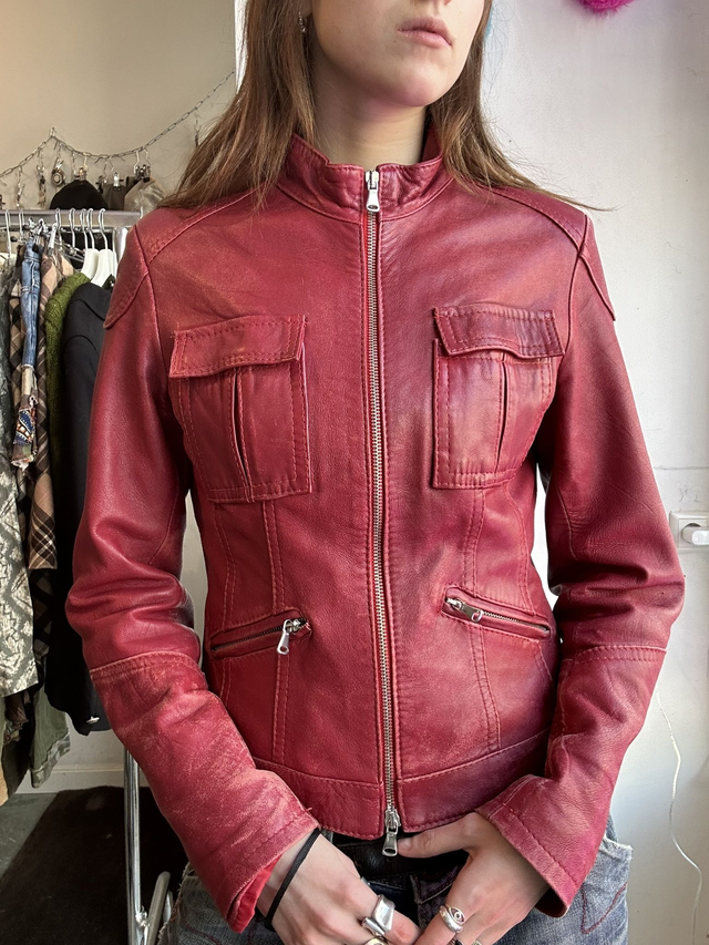 red leather jacket with double zip