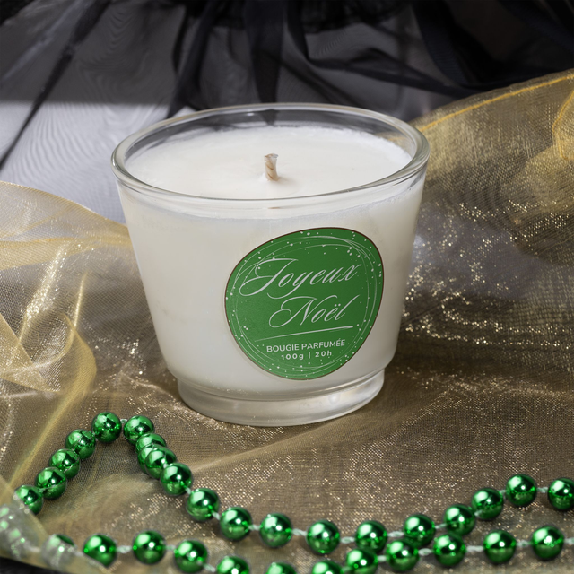 Bougie artisanale parfumée en cire de soja avec étiquette personnalisée - Cadeau pour Noël, Nouvel An, Fêtes de fin d'année, 100g (JN08)
