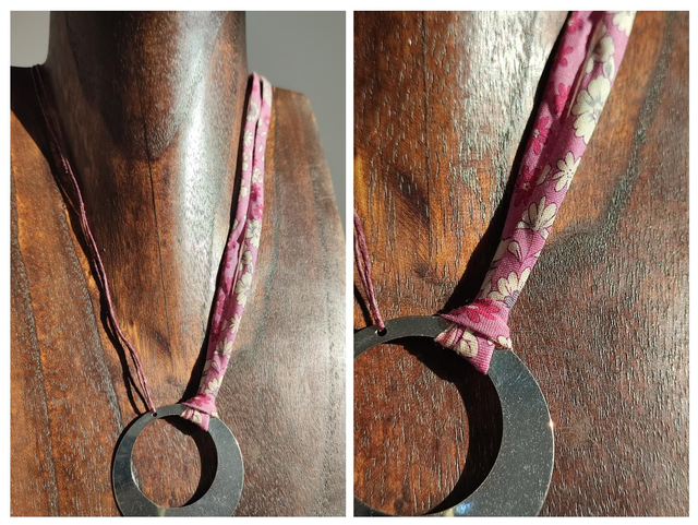 Z-Collier grand cercle argenté et cordon en liberty a fleurs roses et blanches, acier inoxydable,réglable, pièce unique 