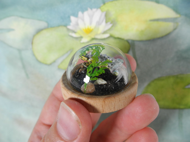 Not so smooth now - Among the lilypads - Miniature diorama Jewelry - Clear glass dome with delicate handmade smooth newt – animal jewelry