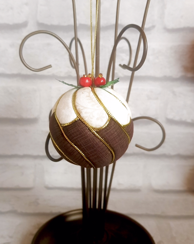 Christmas Pudding Ornament in Cream and Brown cotton fabric