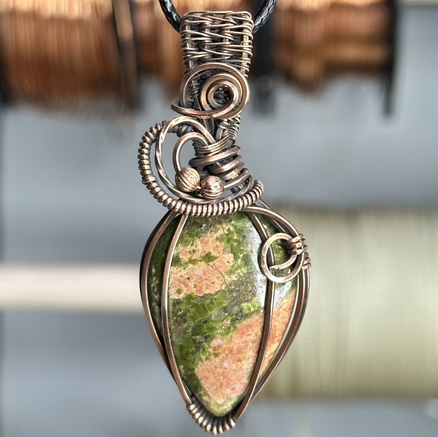 Unakite Jasper pure copper wire wrapped pendant 