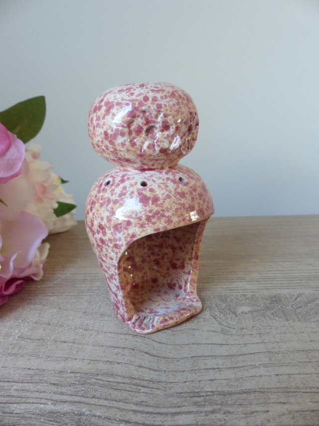 Bougeoir Photophore Brûle-Parfum Chouette en Grès Rose – Sculpture Artisanale Vintage Multifonction, Déco Maison et Diffuseur de Parfum