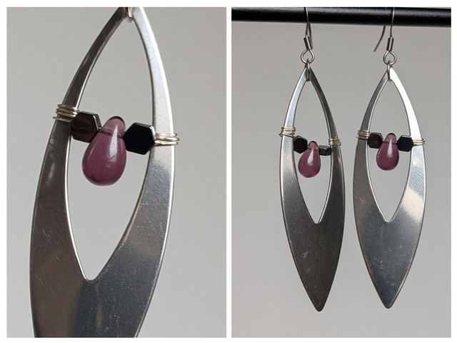 Boucles hématite noir et gouttes en verre violine, acier inoxydable argent pièce unique sans nickel 