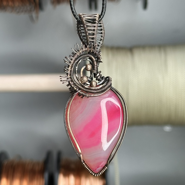 Banded Agate pure copper wire wrapped pendant 