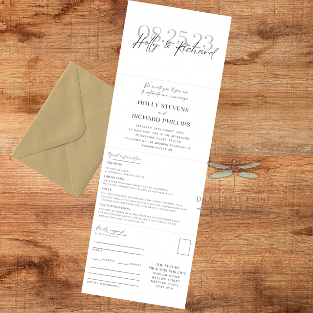 Elegant modern minimalist design - concertina wedding invitations - including guest information &amp; tear off RSVP postcard