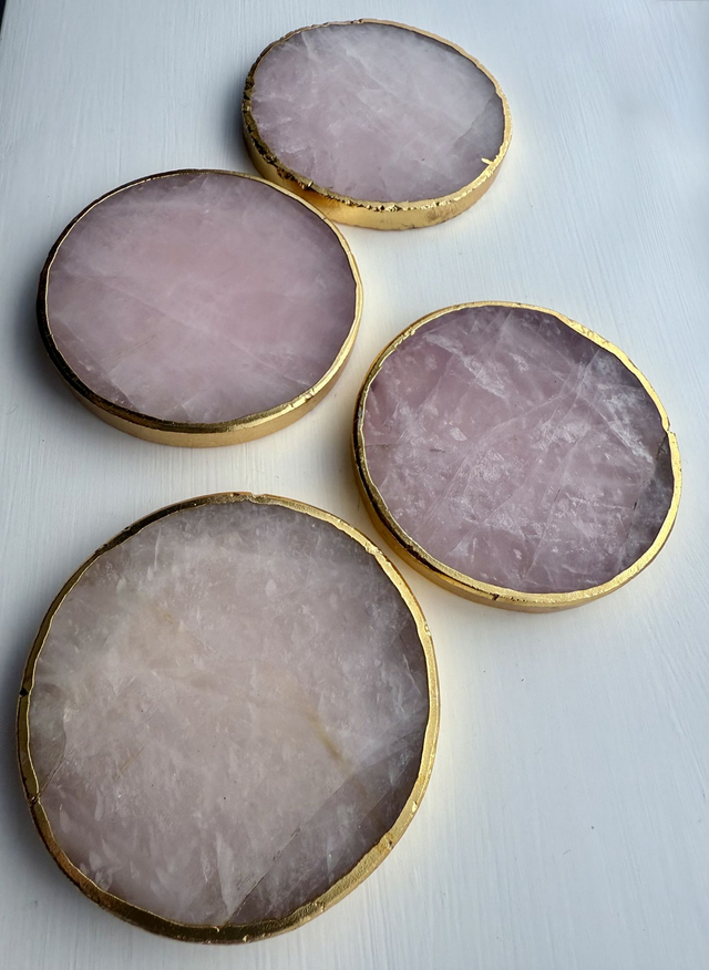 Rose Quartz Crystal Gold Edge Coaster - Set of 4