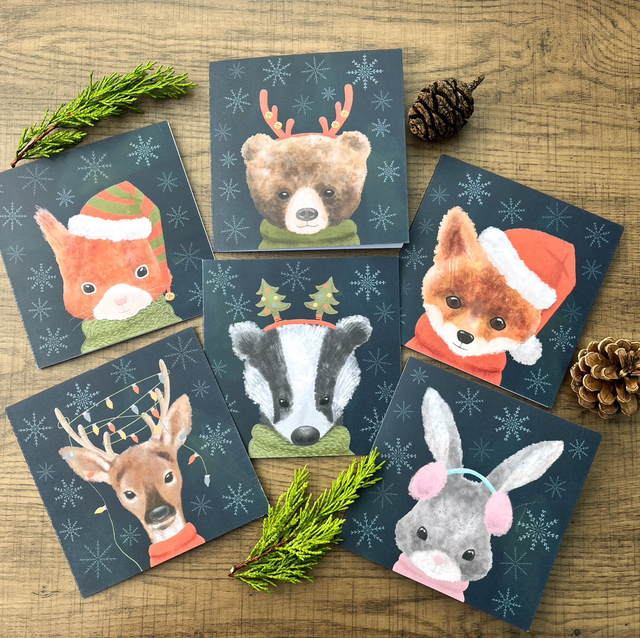 Pack of 6 Square Woodland Animal Christmas Cards | Festive Badger, Bear & Fox Portraits | 5.5" Matte