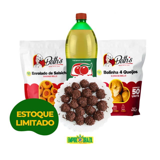 Kit Festa Completo: • 50 enrolado de salsicha • 50 bolinhas queijos • 25 brigadeiros • 1 Guaraná 1,5L