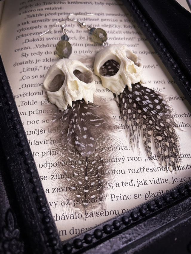 Náušnice Animal osteology kočičí lebka s pírky