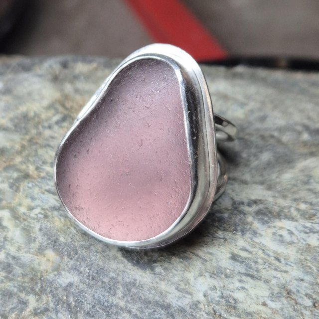 Size N Lavender Sea Glass and Sterling Silver Ring