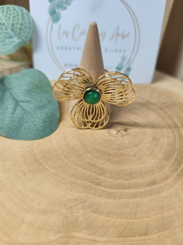 BIG BAGUE FLEUR ACIER INOXY GOLD/ PIERRE VERTE 0000363